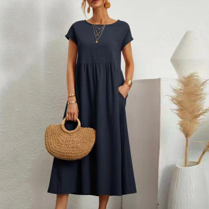 Retro Cotton Linen Solid Color Sleeveless O-Neck Loose High Waist Pockets Retro  Midi Dress