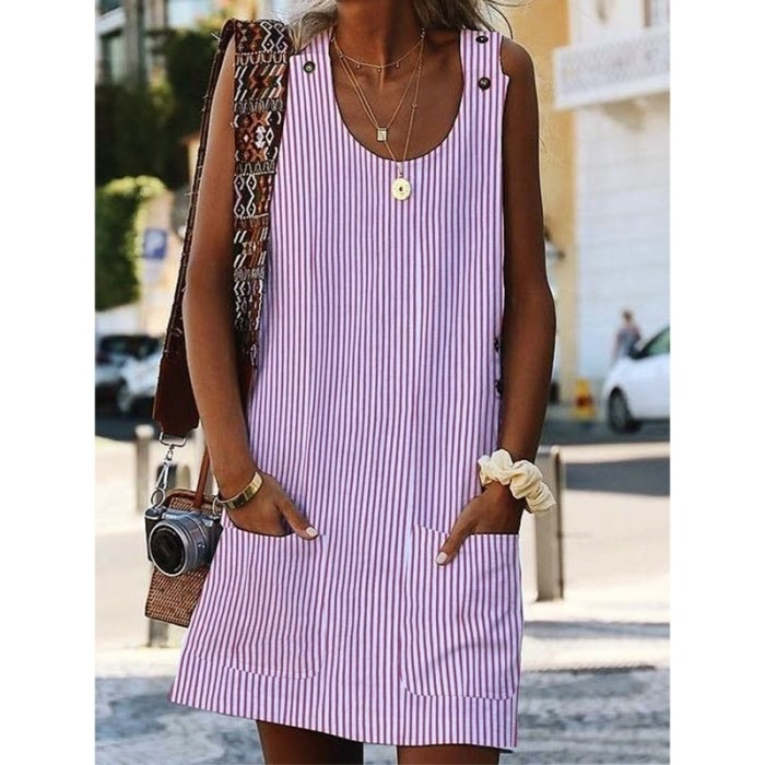 Summer Print Stripe Casual Sleeveless Pocket Loose Fashion  Casual Dress