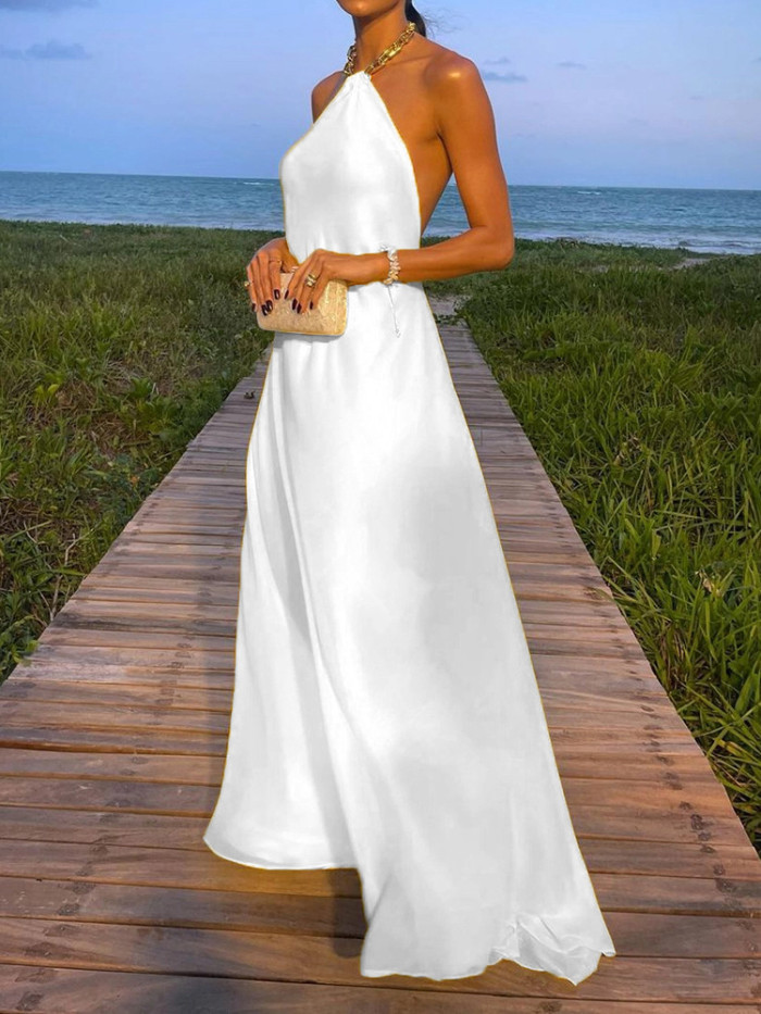 Sexy Halter Summer Solid Color Chain Backless Fashion Party Sleeveless Maxi Dress