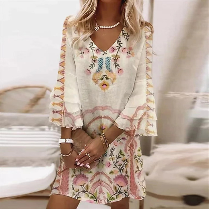 Summer Elegant Ruffle Sleeve Casual Floral Print V Neck Loose Boho Mini Dress