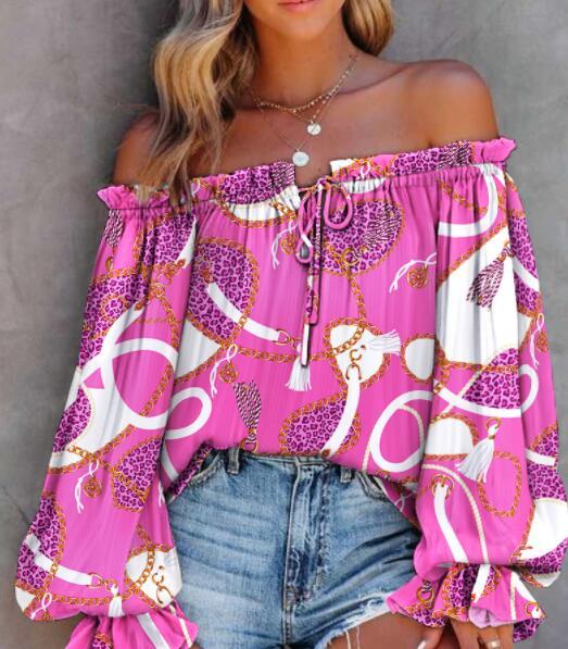 Women's Fashion Casual Floral Print Lace Patch Off-Shoulder Top Blouses