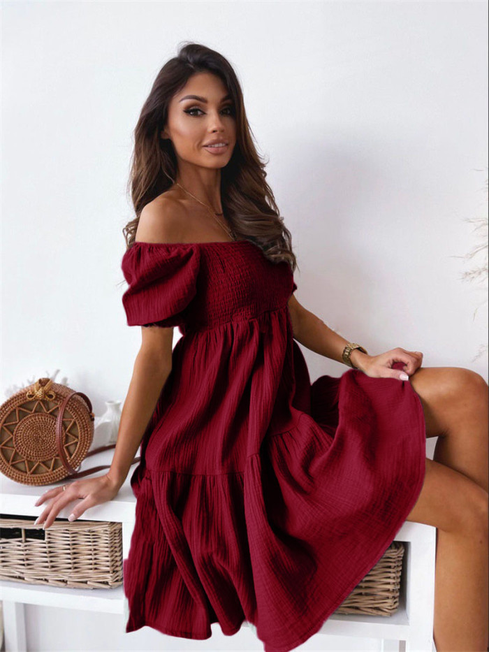 Women's Sexy Summer Beach Off Shoulder Solid Color Casual Loose Pleated A-Line Mini Dress