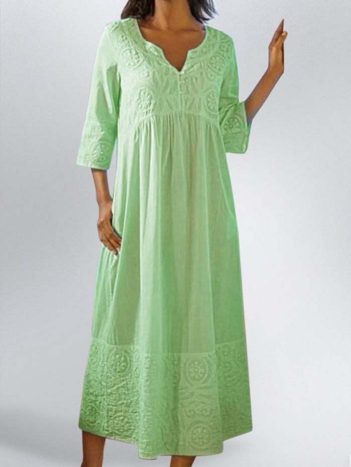 Fashion Retro Solid Color Casual Cotton Linen Loose Oversized  Midi Dress