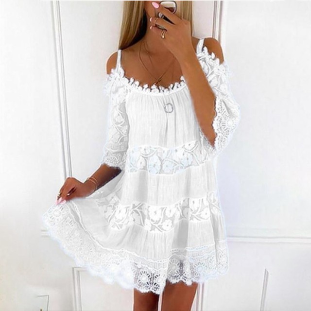 Summer Lace Embroidery Elegant Off Shoulder Casual Solid Color Loose Party Mini Dress