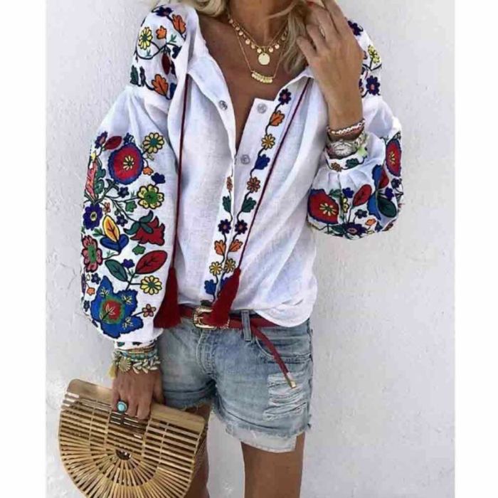 Women's Fashion Long Sleeve Floral V Neck Casual Loose Top Blouses