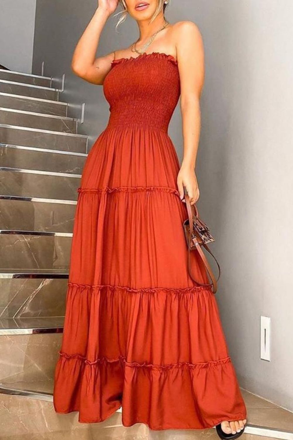 Women's Red Layered Ruffle Strapless Maxi Dress