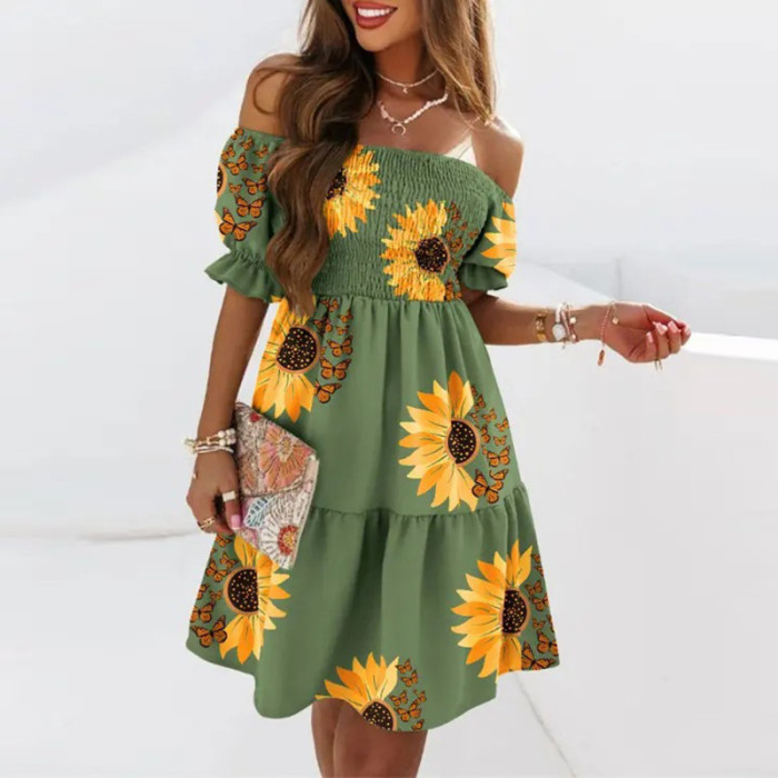 Sexy Elegant Off Shoulder Puff Sleeves Ruched Floral Print High Waist Party Casual Dress