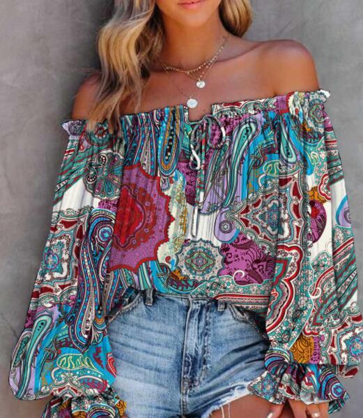 Women's Fashion Casual Floral Print Lace Patch Off-Shoulder Top Blouses