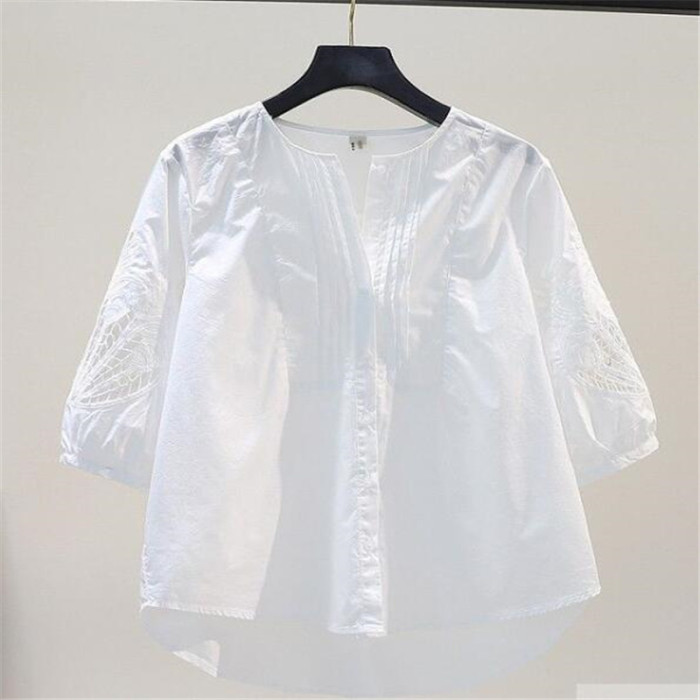 Women's 100% Cotton Embroidered Hollow Top O-Neck Loose Casual Button Down Blouses