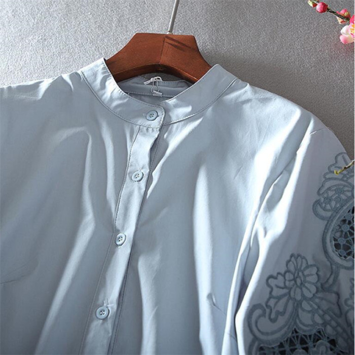 Women's Fashion Cotton Embroidered Half Sleeve Hollow Stand Collar Blouses