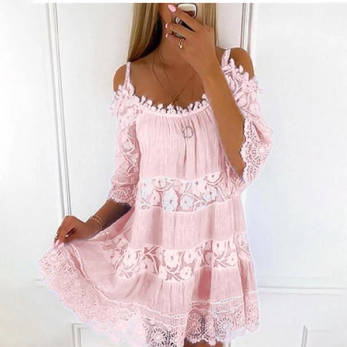 Summer Lace Embroidery Elegant Off Shoulder Casual Solid Color Loose Party Mini Dress