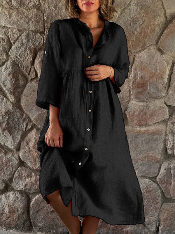 Cotton Linen Retro Casual Loose Button Up Elegant Solid Color Long Sleeve Shirt  Midi Dress