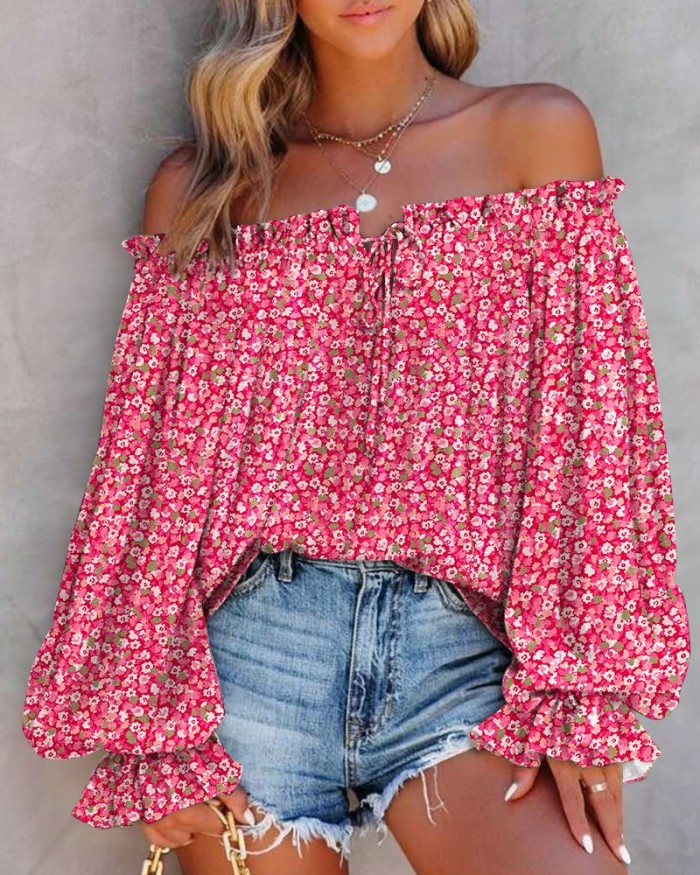 Women's Fashion Casual Floral Print Lace Patch Off-Shoulder Top Blouses