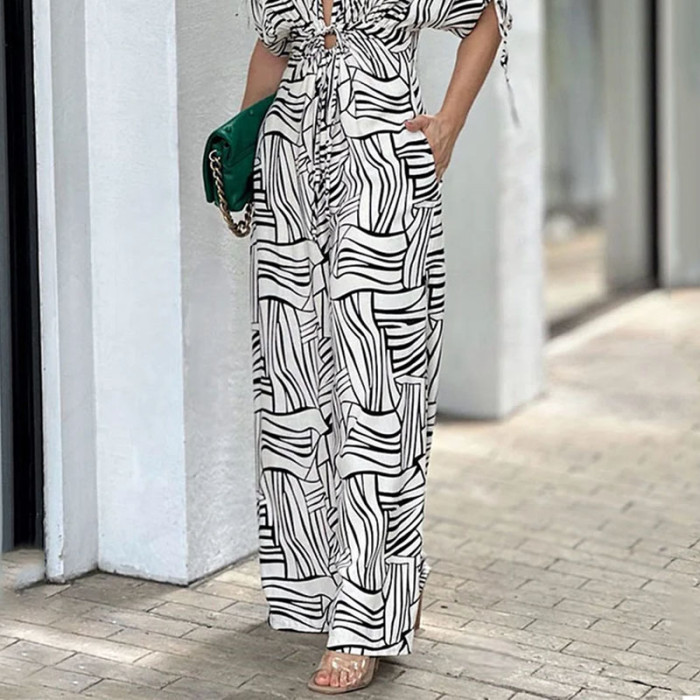 Women's Sexy Fashion V Neck Ruched Print Hollow Loose Wide Leg Jumpsuit