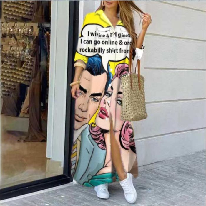 Women's Fashion Single Breasted Lapel Printed Bohemian Shirt Maxi Dress