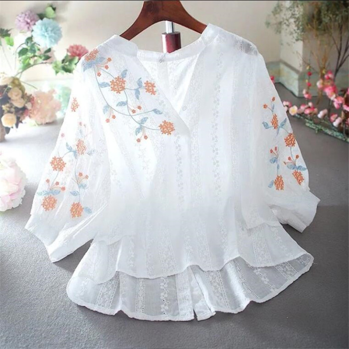 Embroidered Floral Cotton Top Loose Cutout Vintage Blouse