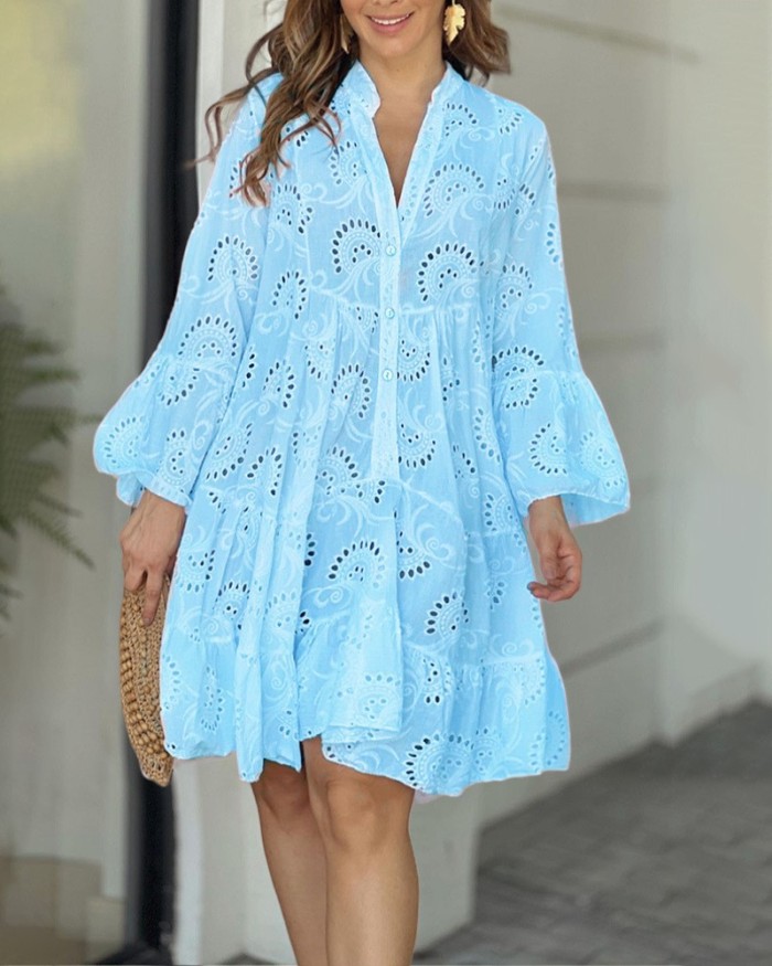 Summer Elegant Retro Solid Color Lace V Neck Loose Hollow Embroidered Sexy Mini Dress