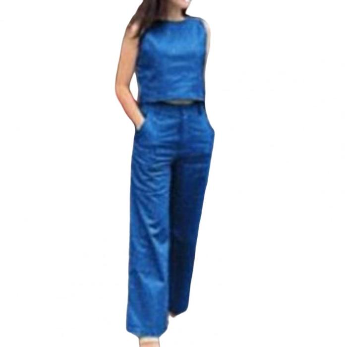 Women Sleeveless Crop Tops High Waist Pockets Wide Leg Long Pants Two Pieces