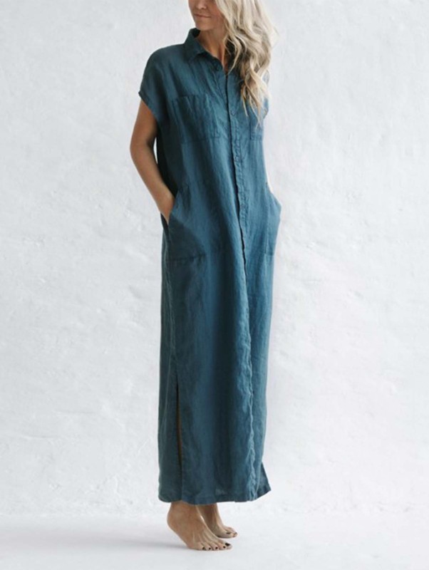 Women's Fashion Casual Button Pocket Loose Party Maxi Dress