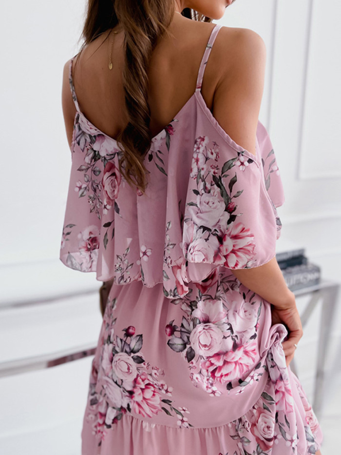 Sexy Floral Print Off Shoulder Elegant A-Line Beach Boho Casual Dress