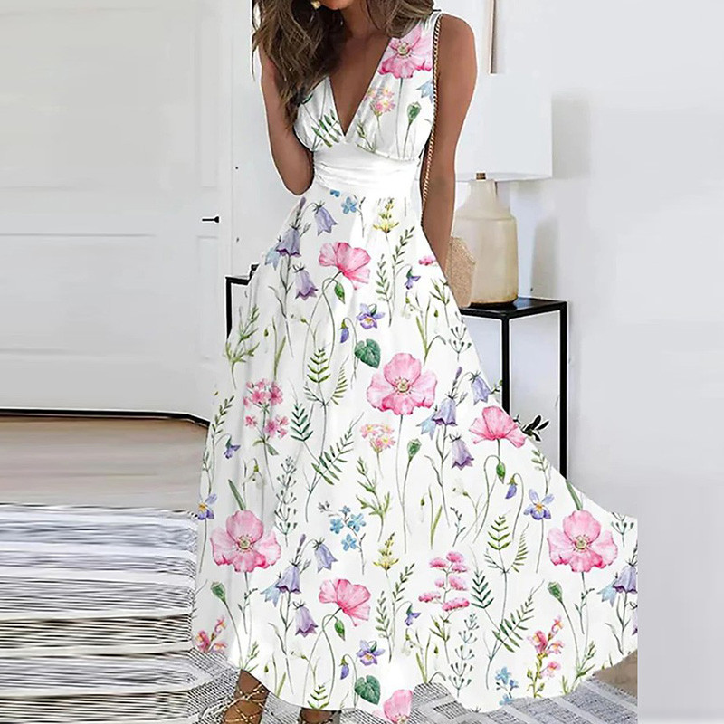 Elegant Pattern Print High Waist Party Deep V Neck Sleeveless A Line Slim Midi Dress