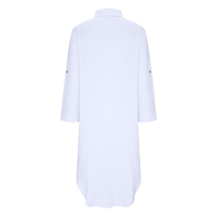 Fashion Solid Color Button Slit Loose Breathable Casual Shirt Cotton Linen  Maxi Dress