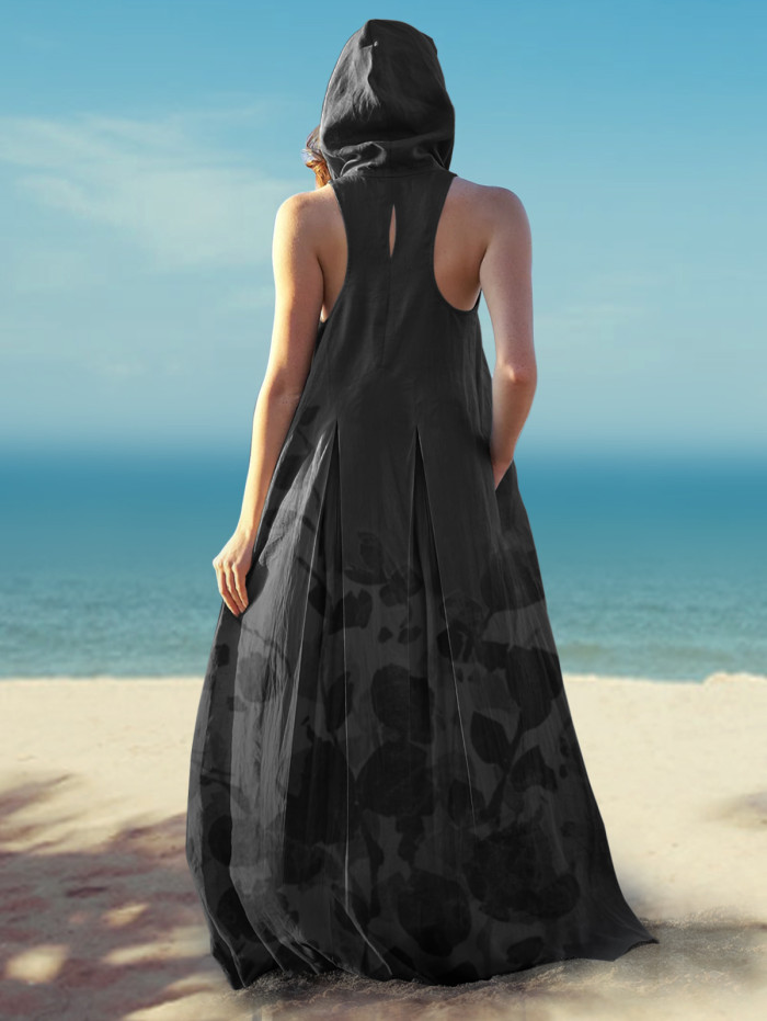 Women's Fashion Floral Linen Sleeveless Beach Summer Backless Maxi Dress