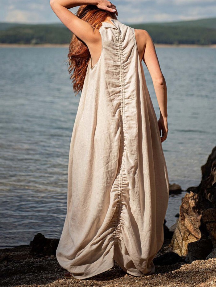 Women's Fashion Stand Collar Linen Beach Sleeveless Backless Maxi Dress