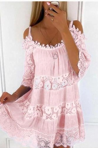 Summer Lace Embroidery Elegant Off Shoulder Casual Solid Color Loose Party Mini Dress
