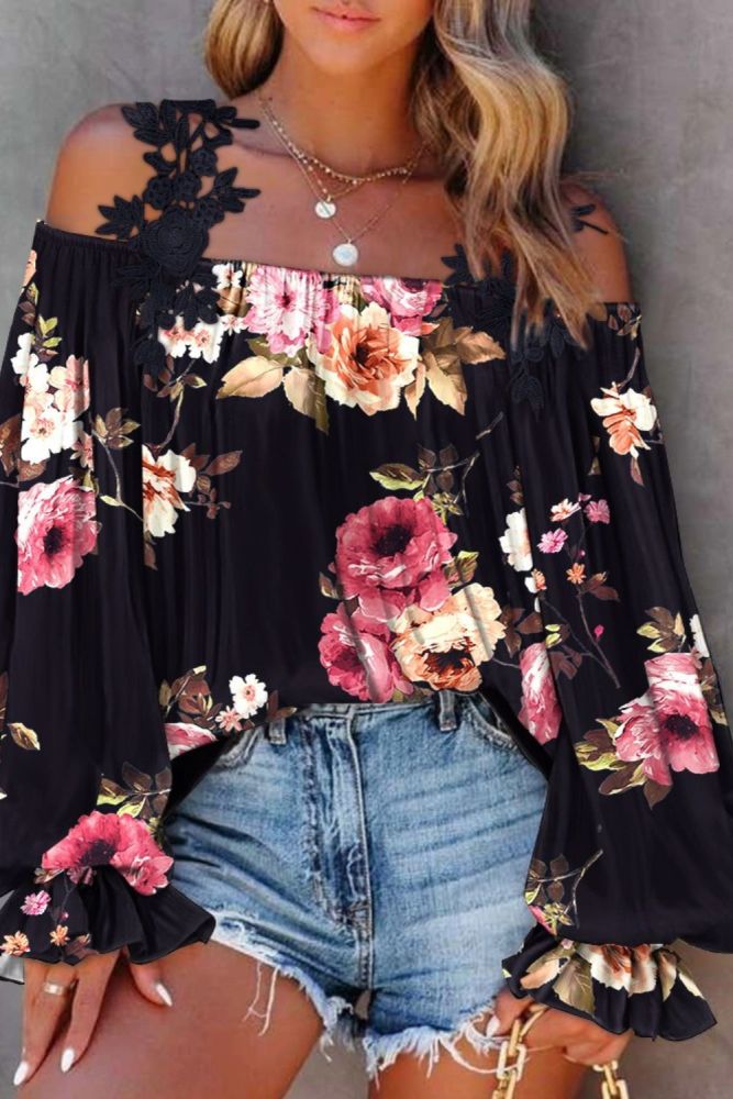 Women's Fashion Casual Floral Print Lace Patch Off-Shoulder Top Blouses
