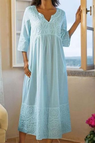 Fashion Retro Solid Color Casual Cotton Linen Loose Oversized  Midi Dress