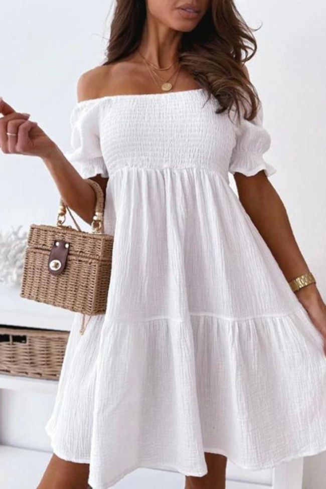 Women's Sexy Summer Beach Off Shoulder Solid Color Casual Loose Pleated A-Line Mini Dress