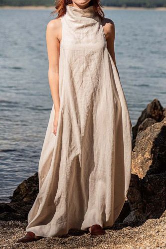 Women's Fashion Stand Collar Linen Beach Sleeveless Backless Maxi Dress