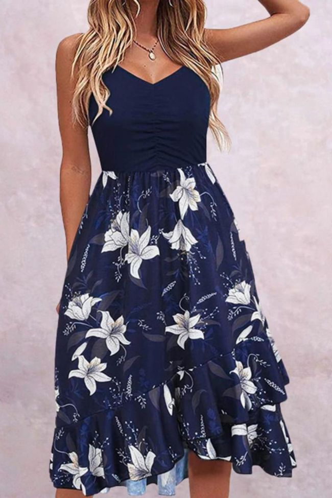 Women's Casual Floral Ruffle A-Line V Neck Beach Asymmetric Midi Dress