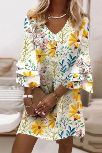 Summer Elegant Ruffle Sleeve Casual Floral Print V Neck Loose Boho Mini Dress