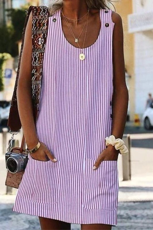 Summer Print Stripe Casual Sleeveless Pocket Loose Fashion  Casual Dress