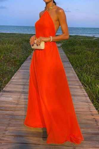 Sexy Halter Summer Solid Color Chain Backless Fashion Party Sleeveless Maxi Dress