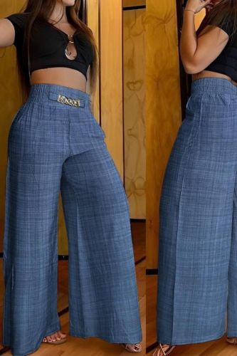 Women's Summer Fashion Chain Casual Pocket High Waist Solid Color Wide Leg Pants