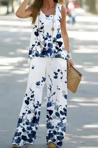 Summer Office Elegant Printed Cotton Casual O-Neck Top + Wide Leg Pants  Two Pieces