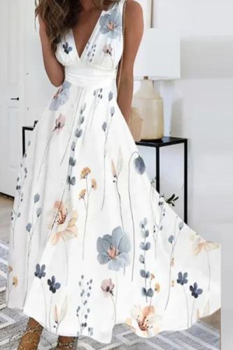 Elegant Pattern Print High Waist Party Deep V Neck Sleeveless A Line Slim Midi Dress