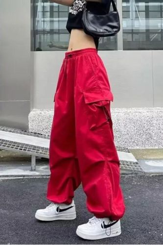 Women's Casual Solid Color Street Drawstring Loose Wide Leg Straight Leg Cargo Pants