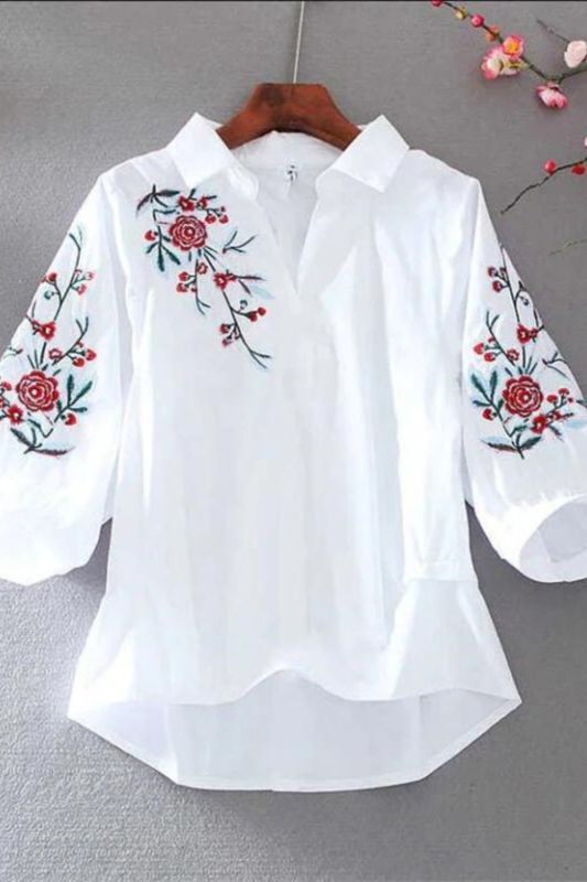 Women's Fashion Loose Embroidered Flower Vintage Half Sleeve Summer Blouses