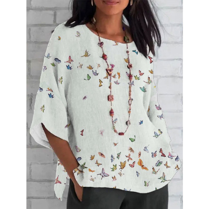Women's Cotton Linen Butterfly Print Pattern Round Neck Long Sleeve Loose Blouse