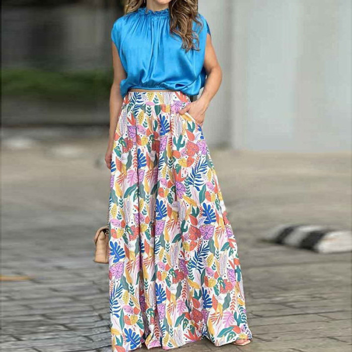 Summer Women's Fashion Solid Color Top Print Loose Dress Two-Piece Set