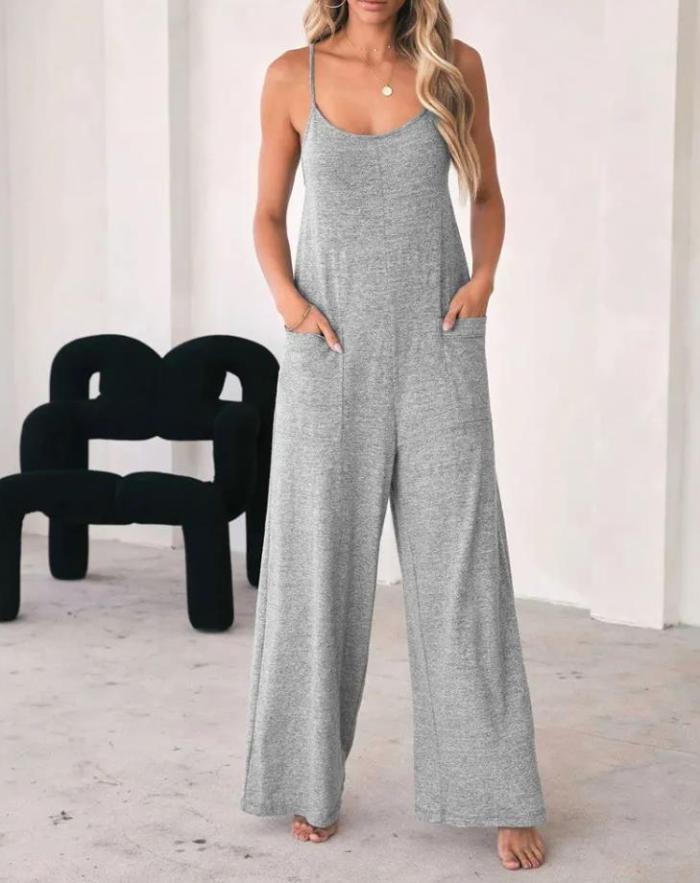 Women's Fashion Solid Color Pocket Design Casual Home Daily Loose Wide Leg Jumpsuit