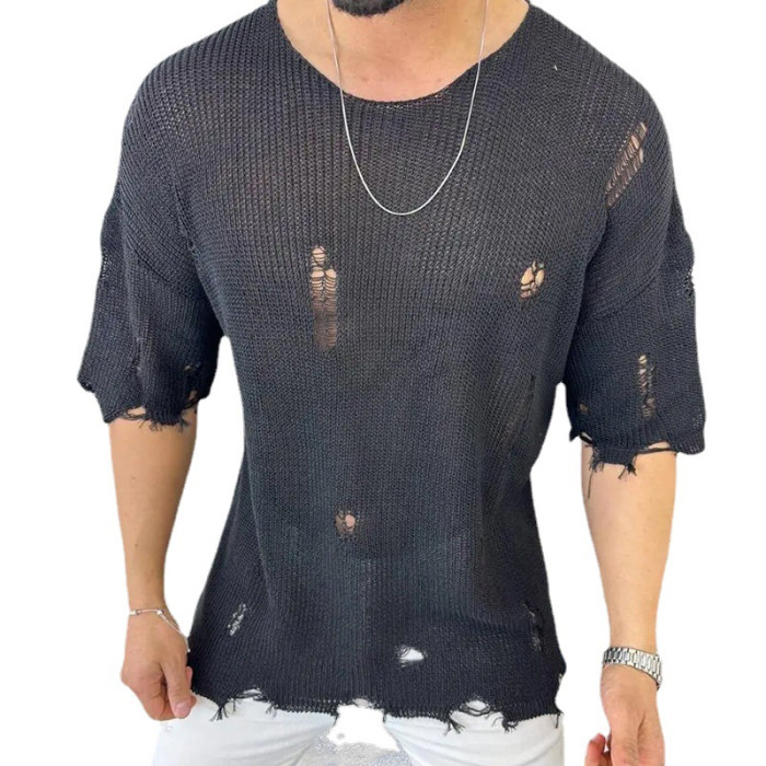 Men's Fashion Vintage Knit Short Sleeve O-Neck Fashion Ripped Casual T-Shirt