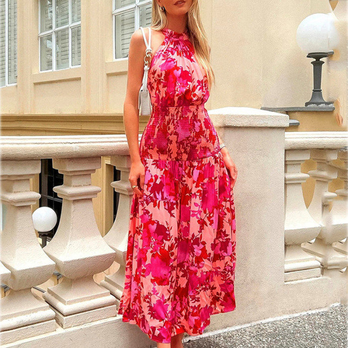 Summer Women's Fashion Print Sleeveless High Waist Temperament Maxi Dress