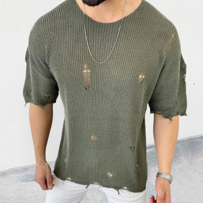 Men's Fashion Vintage Knit Short Sleeve O-Neck Fashion Ripped Casual T-Shirt
