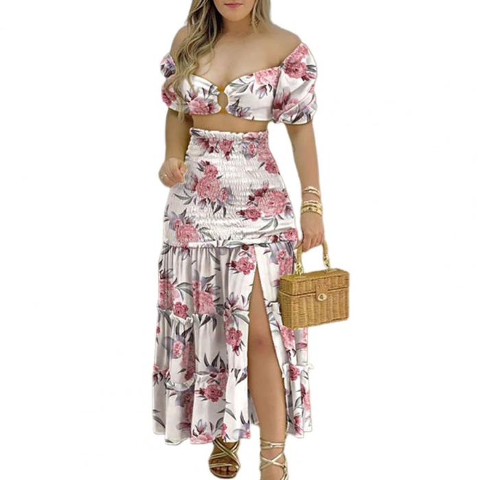 Fashion Off-Shoulder Sweet Printed Pattern Hollow High Waist Ruched Maxi Dress