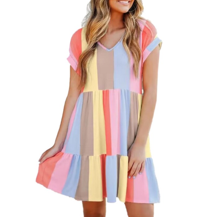 Trendy Stripe Printed Casual V-Neck Loose A-Line Party Dress